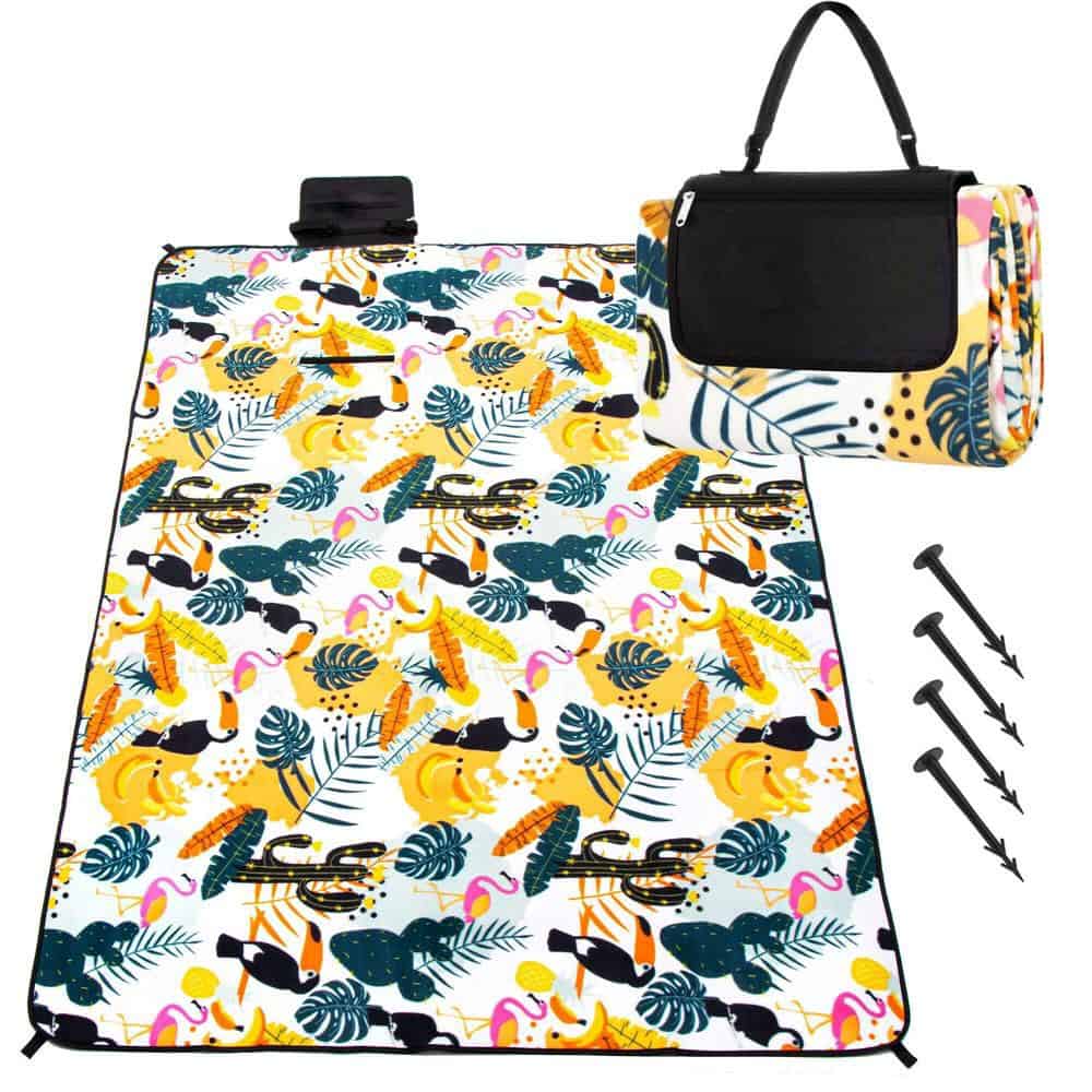 9-36 Patura pentru picnic sau plaja, cu folie izolatoare si maner, 200x200cm, model tropical, alb verde Mob360 - imagine 1