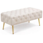 Taburet Monaco, tapitat cu catifea, tip banca, cu picioare metalice, 100x42x41 cm, bej Mob360