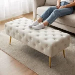 Taburet Monaco, tapitat cu catifea, tip banca, cu picioare metalice, 100x42x41 cm, bej Mob360 - imagine 3