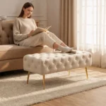 Taburet Monaco, tapitat cu catifea, tip banca, cu picioare metalice, 100x42x41 cm, bej Mob360 - imagine 4