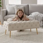 Taburet Monaco, tapitat cu catifea, tip banca, cu picioare metalice, 100x42x41 cm, bej Mob360 - imagine 5