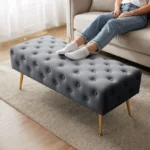 Taburet Monaco, tapitat cu catifea, tip banca, cu picioare metalice, 100x42x41 cm, gri Mob360 - imagine 3