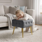 Taburet tapitat Quadra, velur, cu picioare metalice, 40x40x42 cm, gri Mob360 - imagine 7