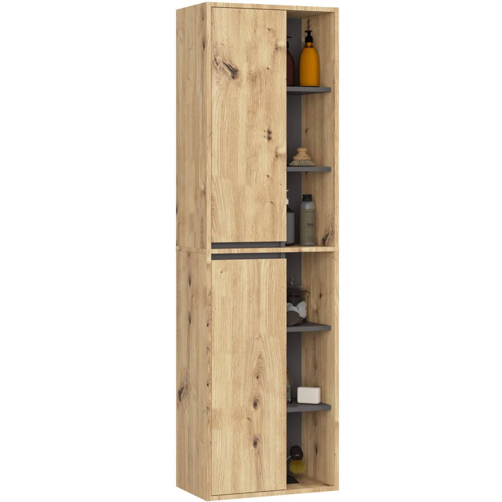 AK-12212981-22-6 Dulap de baie suspendat cu 2 usi si 6 rafturi, PAL 16 mm, 50x30x170 cm, stejar artisan si gri Mob360 - imagine 1