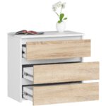 Noptiera cu 3 sertare, PAL laminat 16 mm, 60x35x57 cm, alb si stejar sonoma Mob360 - imagine 3