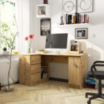 Birou colt stanga in L cu 3 sertare si rafturi, PAL laminat 16 mm, 155x85x77 cm, stejar artisan Mob360 - imagine 4