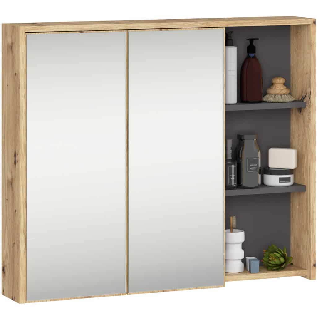 AK-38163935-8 Dulap de baie suspendat cu oglinda, 2 usi si 3 rafturi interioare, PAL 16 mm, 90x15x75 cm, stejar artisan si gri Mob360 - imagine 1