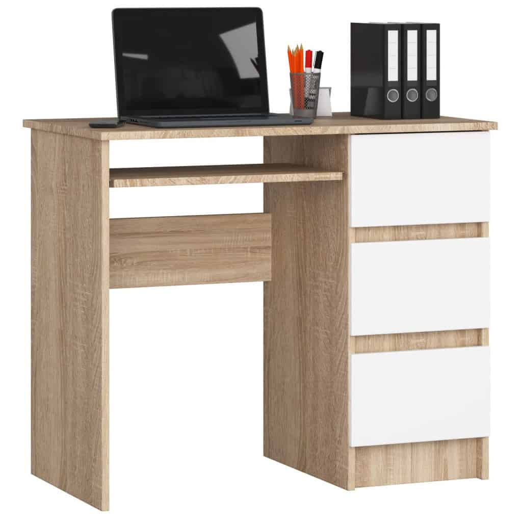 AK-38165885-6 Birou computer cu 3 sertare si raft pentru tastatura, dreapta, 90x50x77 cm, stejar sonoma si alb Mob360 - imagine 1