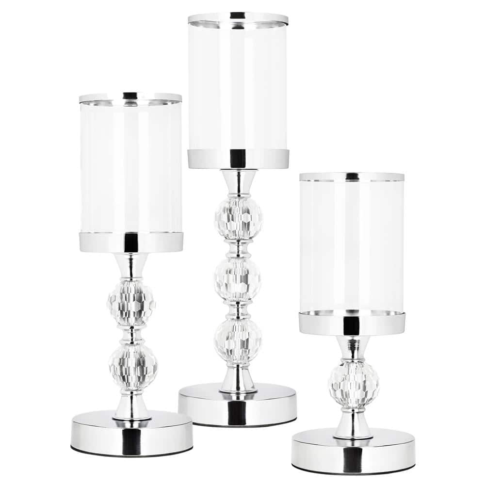 CA1465-1 Set 3 sfesnice metalice cu glob cristal si abajur sticla, 28-41 cm, argintiu Mob360 - imagine 1