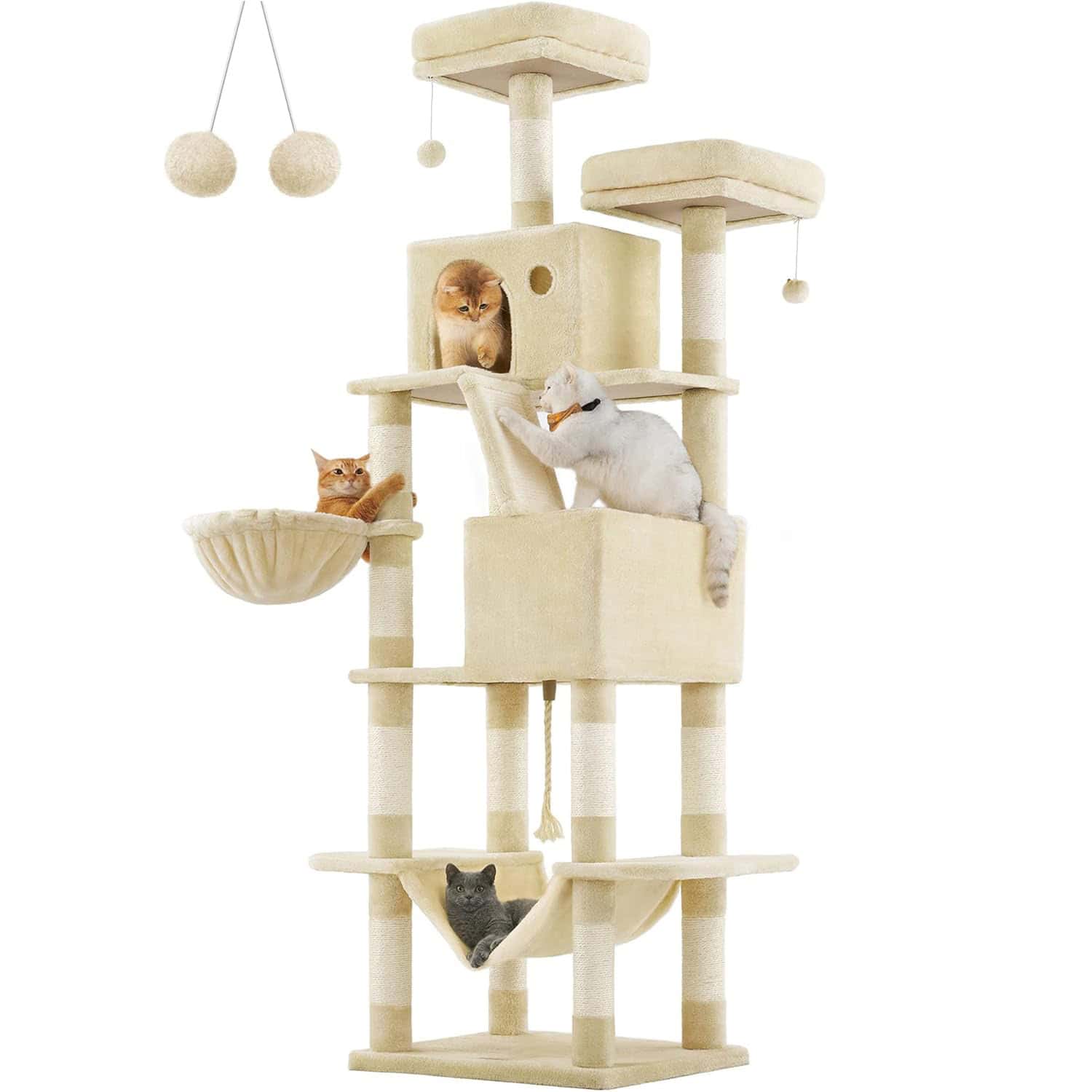 EZ-PCT190M01-7 FEANDREA Ansamblu de joaca pentru pisici, tip copac, XXL, 13 stalpi de zgariat, 2 ascunzatori, 60x50x206cm, bej Mob360 - imagine 1