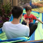 Hamac dublu cu bara lemn, perne incluse, maxim 300 kg, 210x150 cm, verde si albastru Mob360 - imagine 2