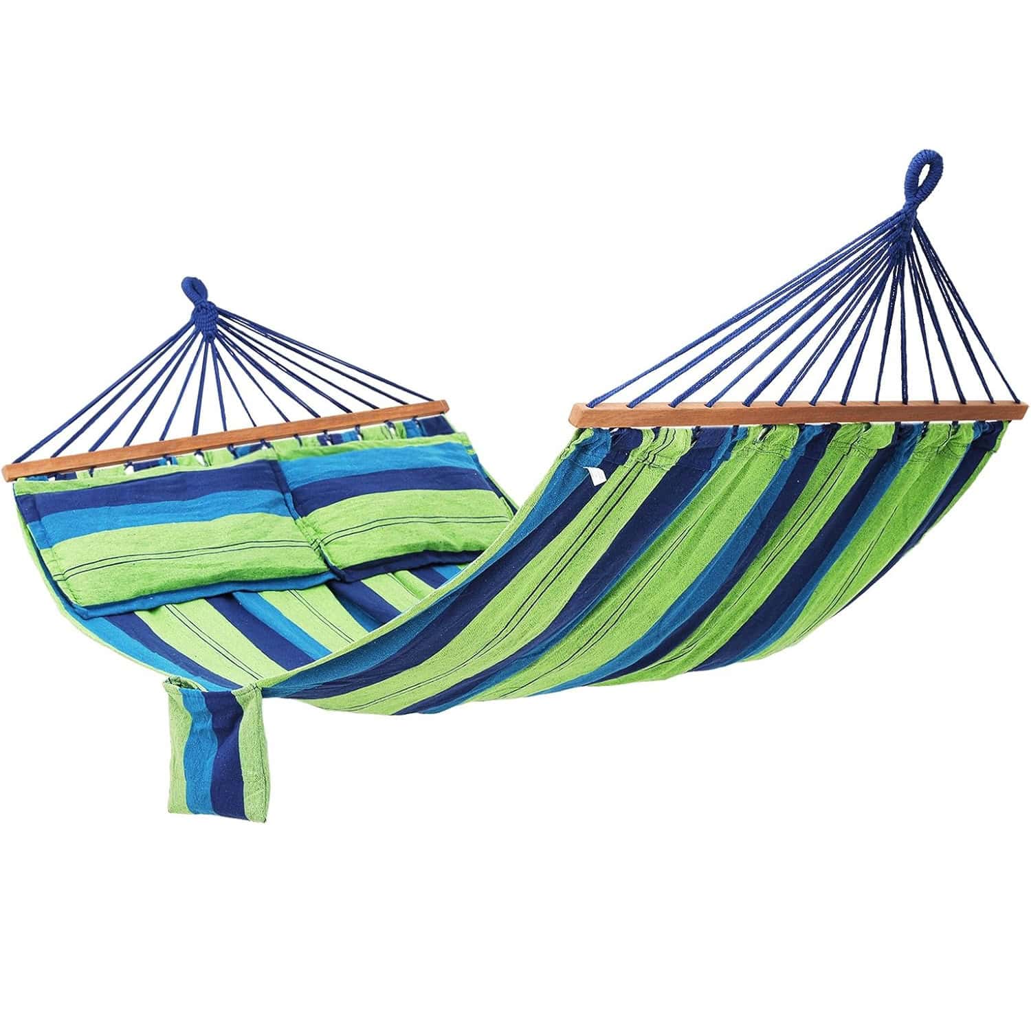 GDC22L-9 Hamac dublu cu bara lemn, perne incluse, maxim 300 kg, 210x150 cm, verde si albastru Mob360 - imagine 1