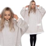 Hanorac tip patura oversize din fleece moale, cu gluga si buzunar mare, gri Mob360