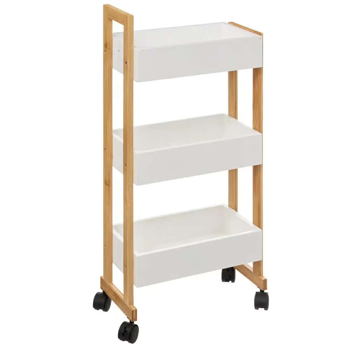 JJ-140853-4 Etajera cu roti Atmosphera Natureo cu 3 niveluri, bambus si MDF, 41x20x81 cm, alb Mob360 - imagine 1