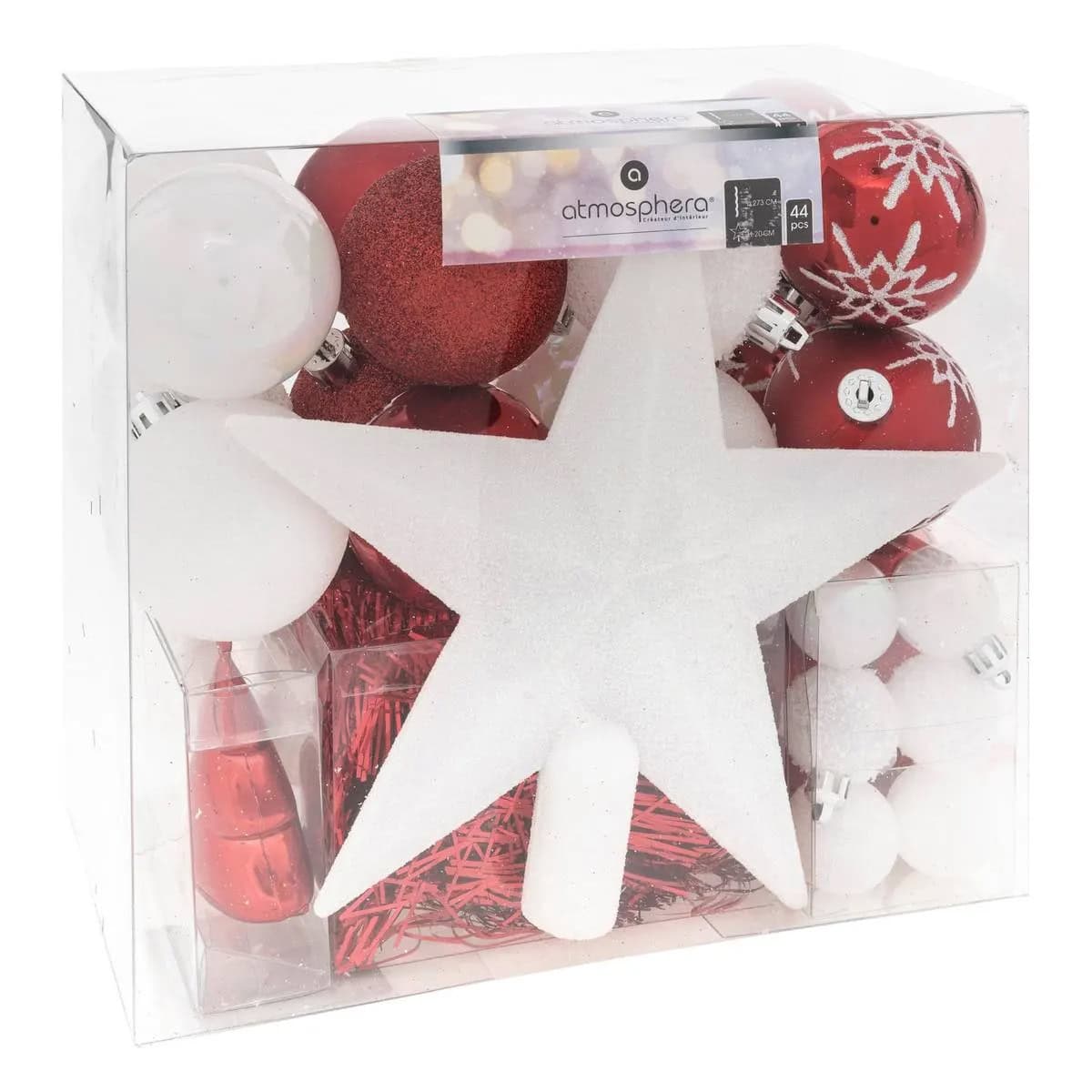 JJ-694531RB-1 Set decoratiuni Craciun, 44 piese, cu globuri, ghirlanda si varf de brad, rosu si alb Mob360 - imagine 1