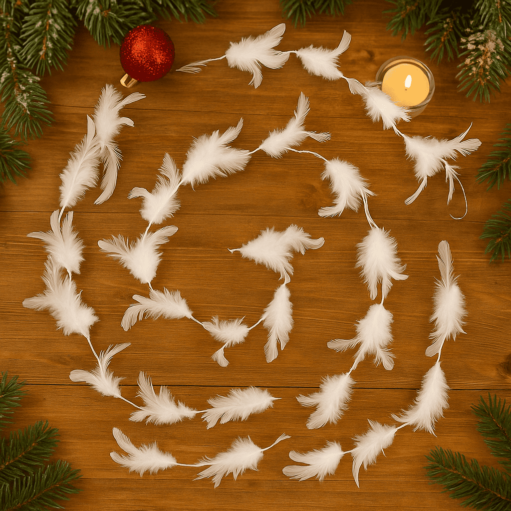 JJ-715422BL-1 Ghirlanda pentru decor sau bradul de Craciun, model puf si pene, 200cm, alb Mob360 - imagine 1