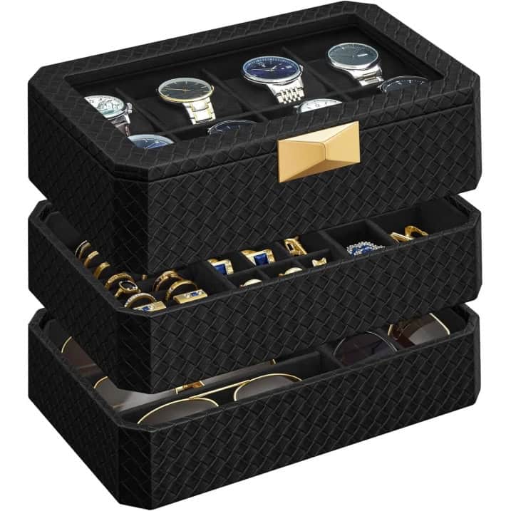 JWB025B01 Cutie ceasuri Ronne Collection, 8 sloturi cu compartimente, piele PU impletita, 27x20x15 cm, negru Mob360 - imagine 1