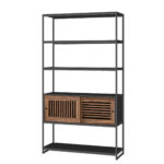 VASAGLE Biblioteca cu 5 rafturi si dulap, rama metalica si finisaj MDF nuc, 100x35x180 cm, negru Mob360