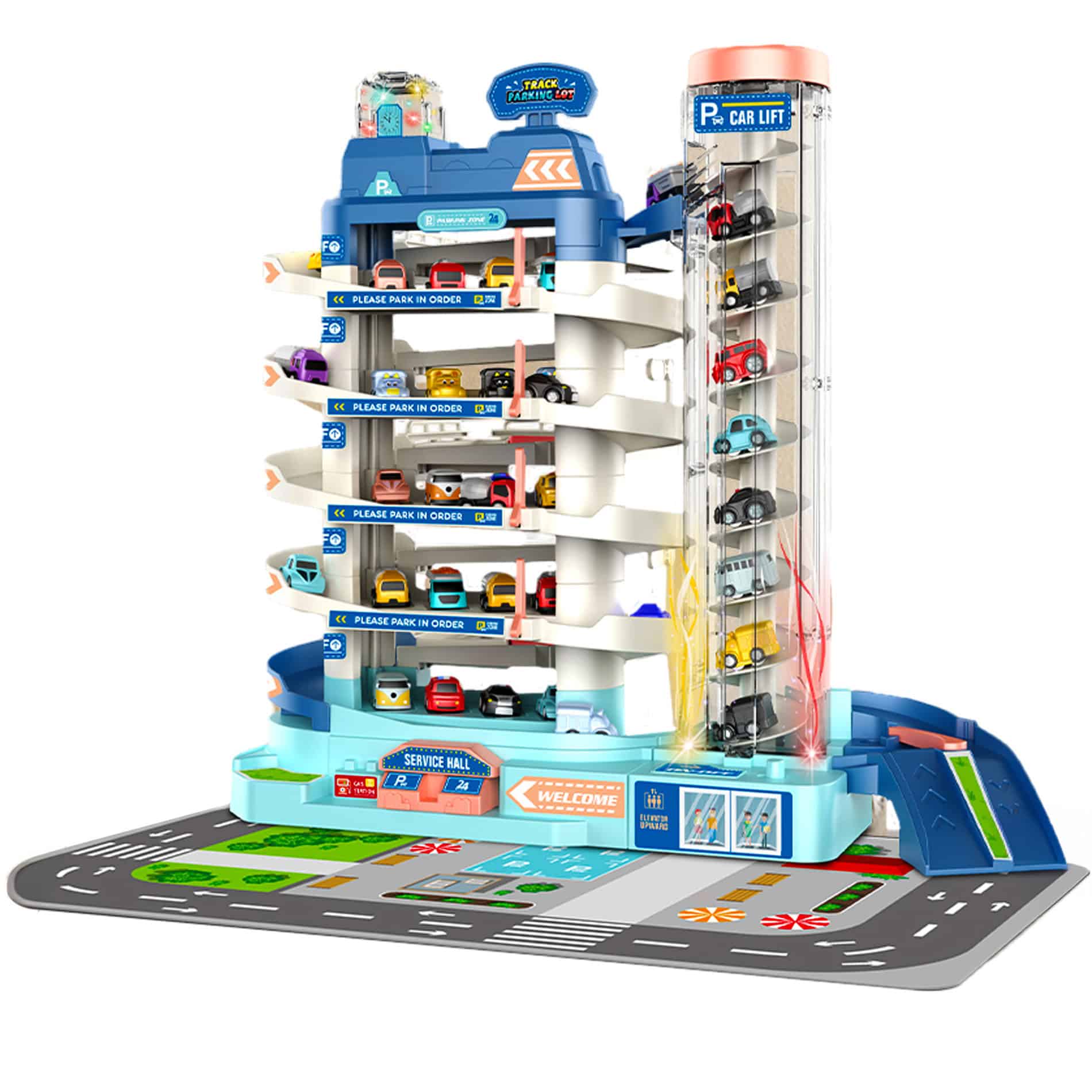 Untitled-2 Garaj auto pentru copii cu parcare multipla, lift electric, masini incluse, cu pista, 30x30x25 cm Mob360 - imagine 1