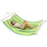 Hamac dublu cu bare din lemn, pentru 2 persoane, bumbac, 150kg, 200x150 cm, verde si galben Mob360 - imagine 6