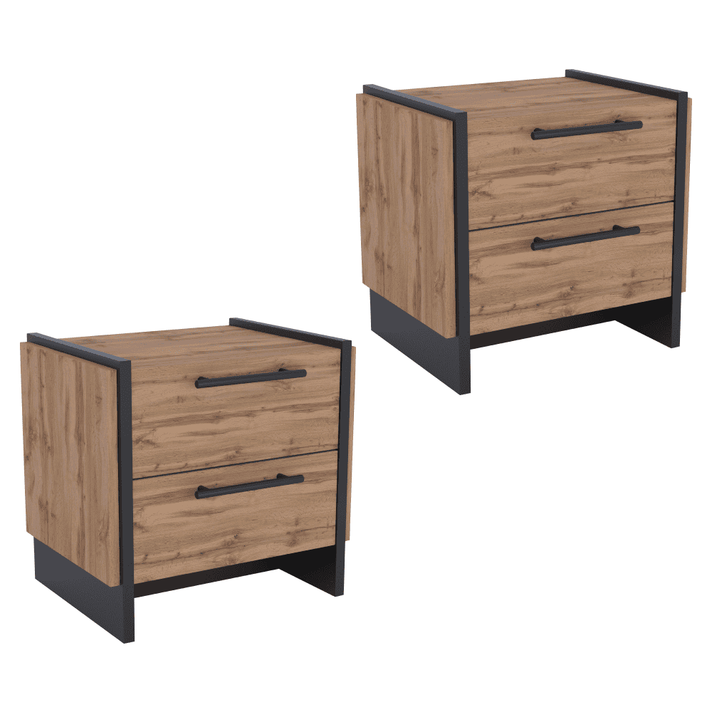 amoni-nocny-stolik-2S-2ks Noptieră, set 2, stejar wotan/negru, AMONI 2S - imagine 1