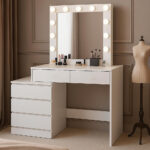 Masa de toaleta si machiaj Adele cu 5 sertare si oglinda 12 LED, 113x47x142 cm, alb Mob360