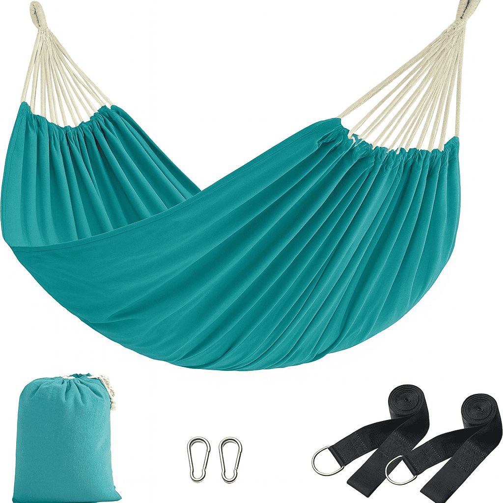 gdc15bu Hamac dublu, accesorii de prindere cu chingi si carabiniere, 210x150 cm, 300 kg, albastru Mob360 - imagine 1