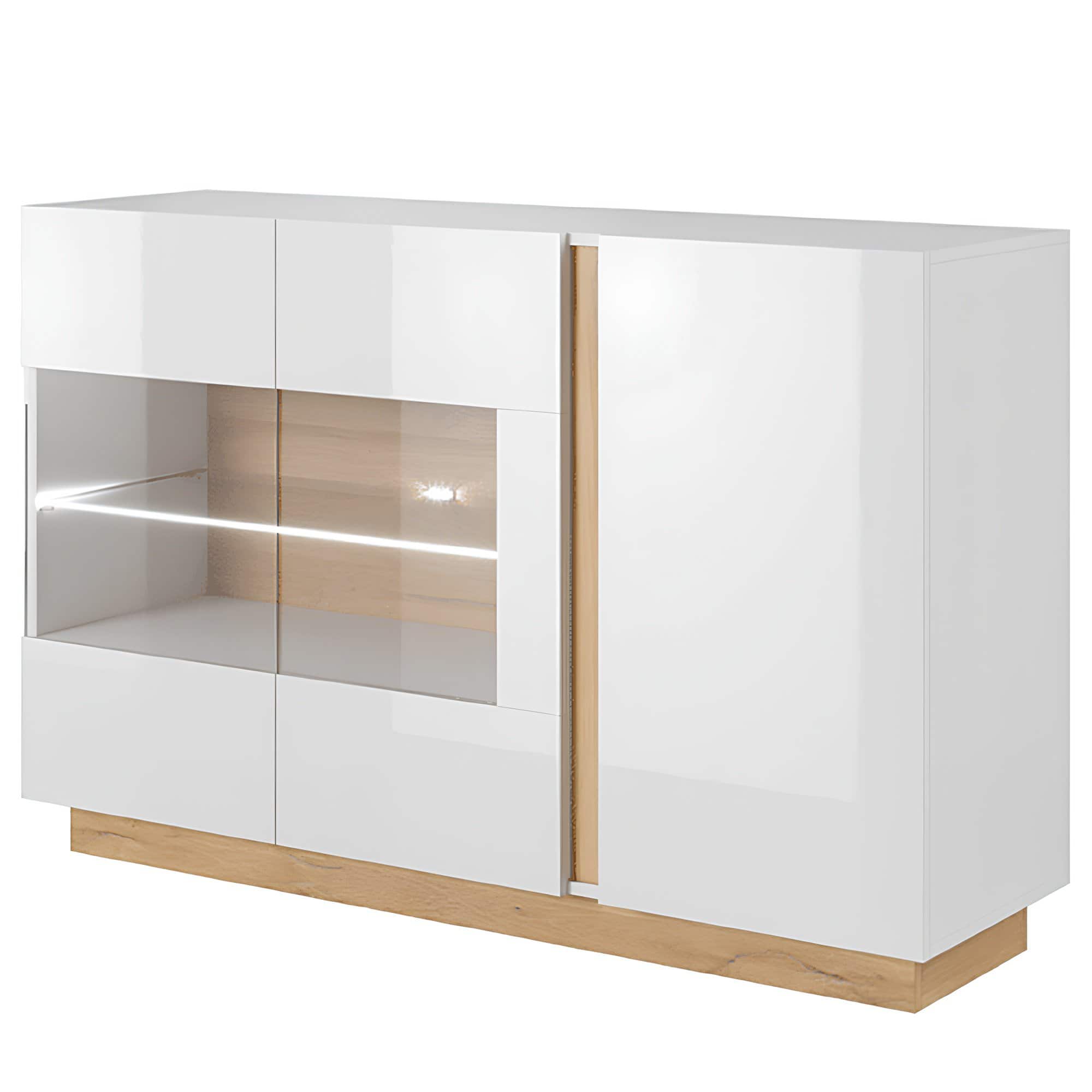 komoda-sklo-biela-dub-city-03 Comodă cu sticlă, alb/stejar grandson/alb lucios, CITY - imagine 1