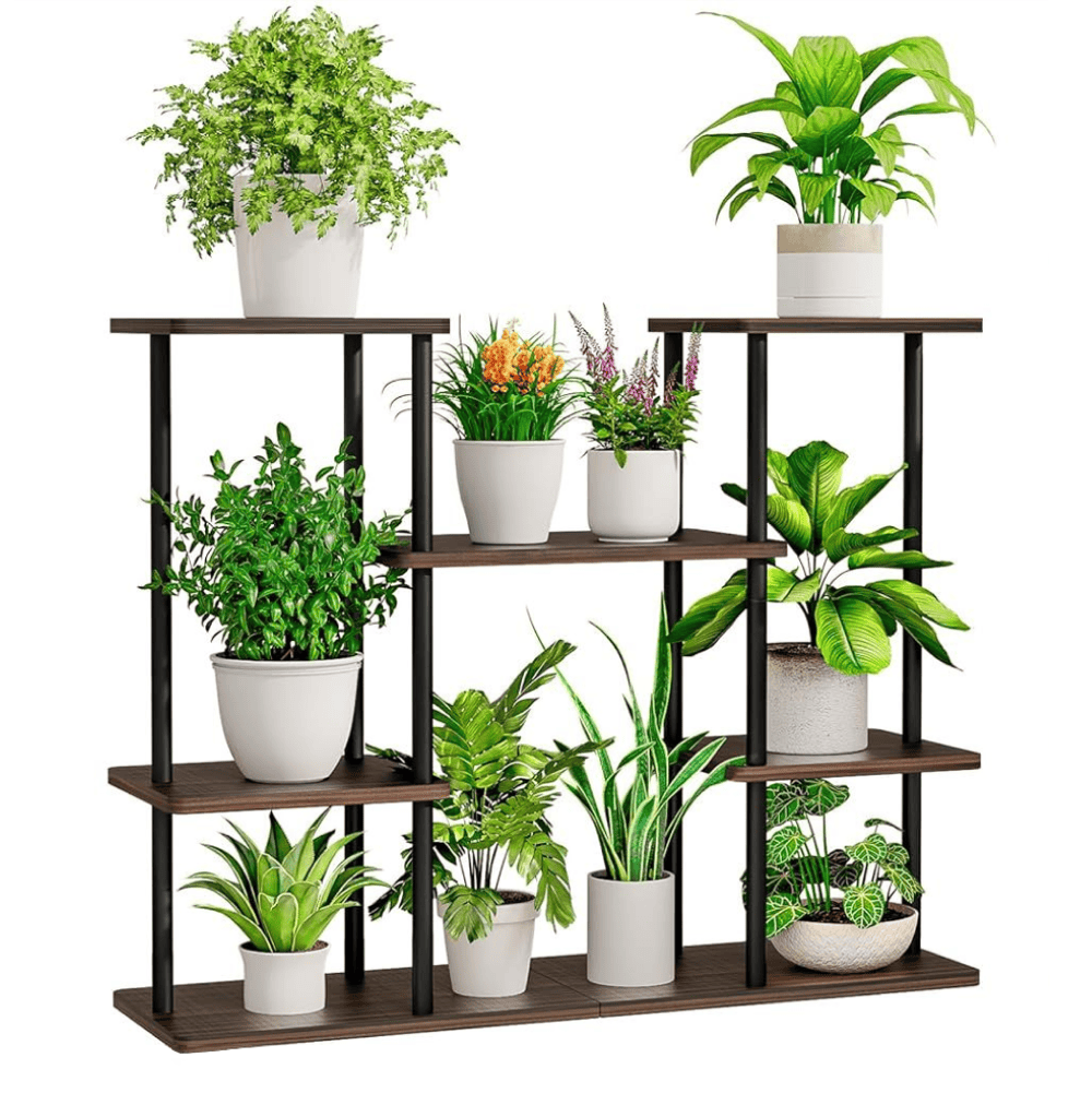 leder-regal-02 Suport pentru flori metalic, negru/lemn rustic, LEDER - imagine 1