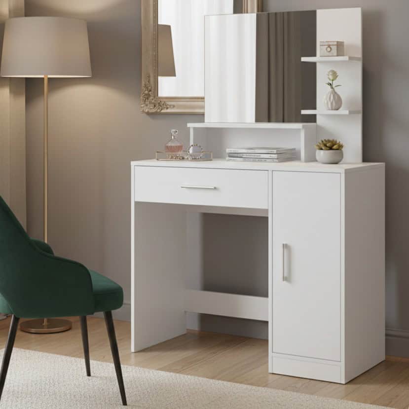 masuta Masa de toaleta cu oglinda, sertar, dulap si rafturi, 90x38x138 cm, alb Mob360 - imagine 1