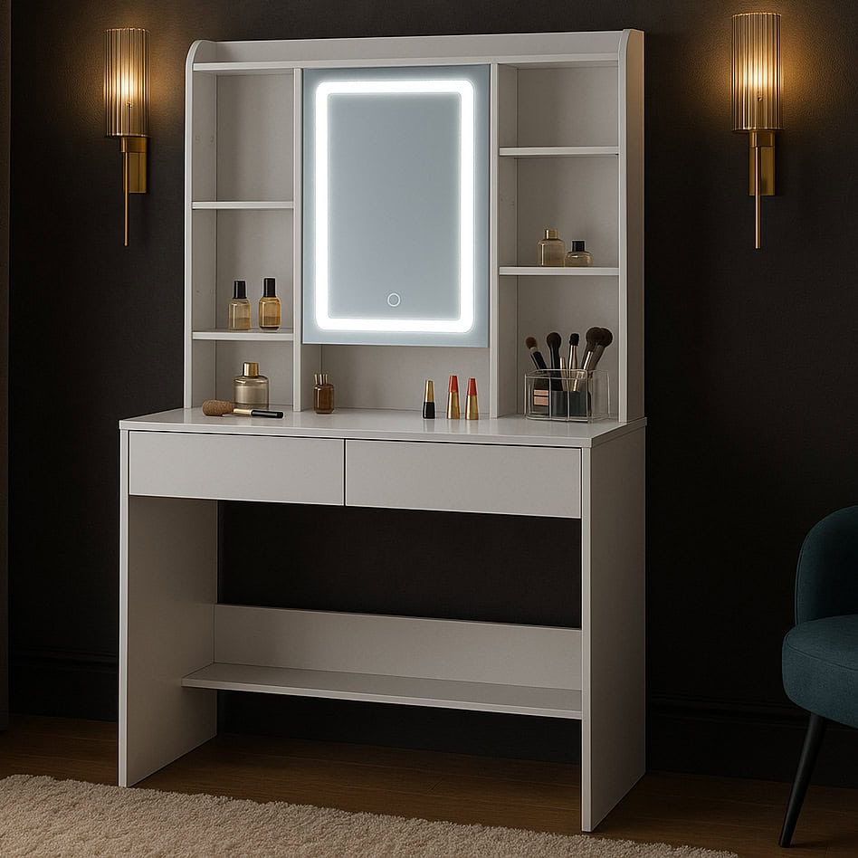 pho-323 Masa de toaleta cu oglinda, iluminare LED reglabila, 2 sertare, MDF, 90x40x145 cm, alb Mob360 - imagine 1