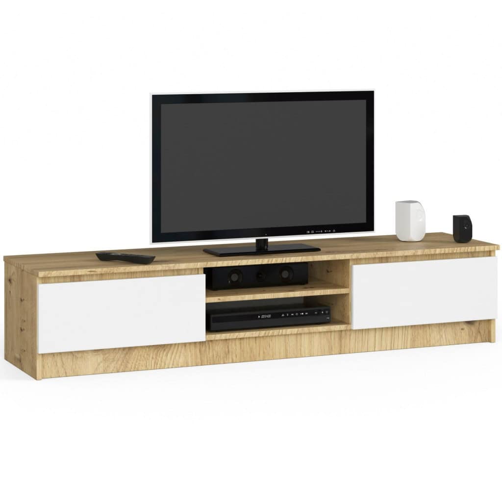 szafka-rtv-160-cm-pod-telewizor-dab-artisan-biala Comoda TV cu 2 usi si rafturi centrale, PAL laminat, 160x40x33 cm, stejar artisan si alb Mob360 - imagine 1