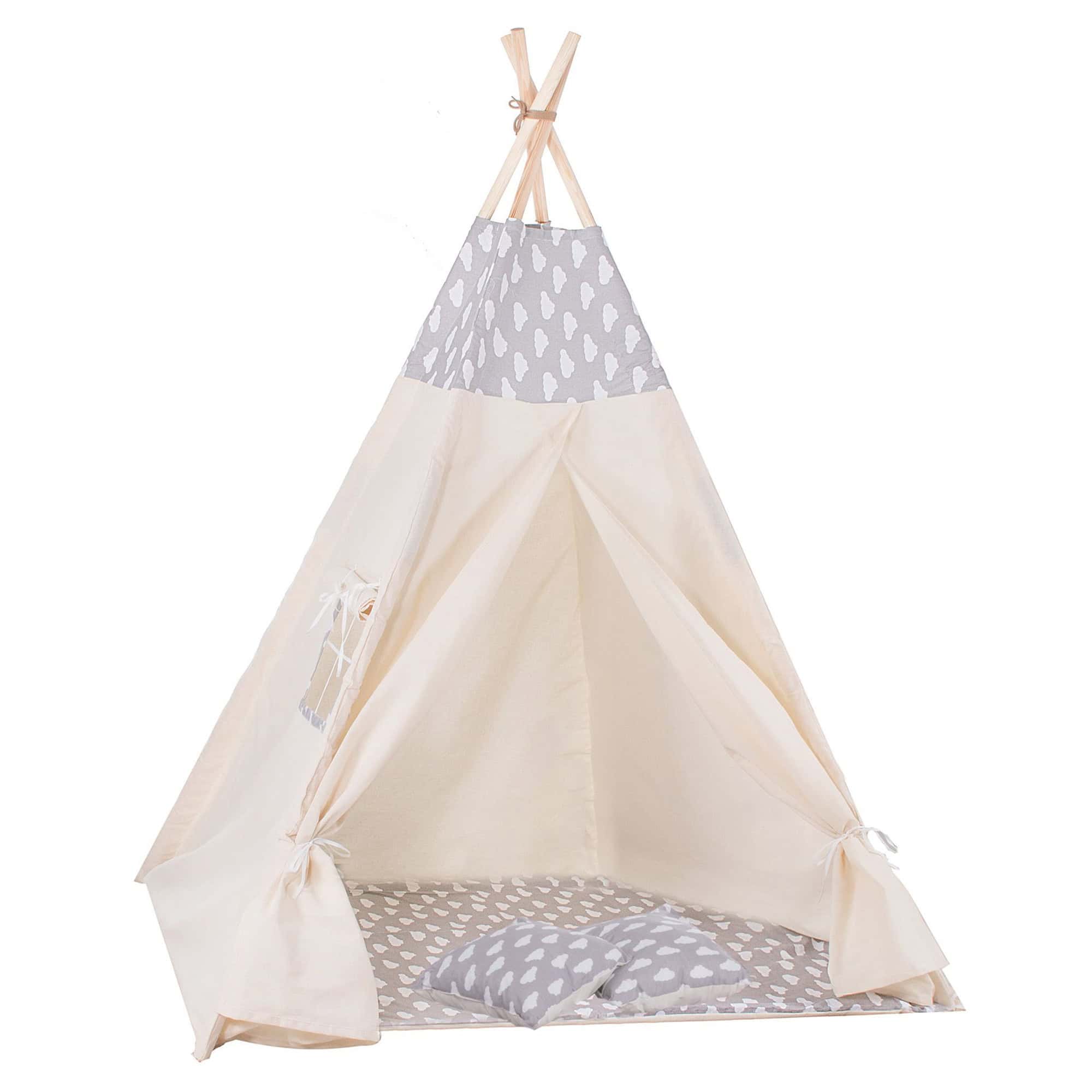 01-18 Cort copii stil indian Teepee Tent cu fereastra, covoras gros si 2 perne, alb gri cu norisori Mob360 - imagine 1