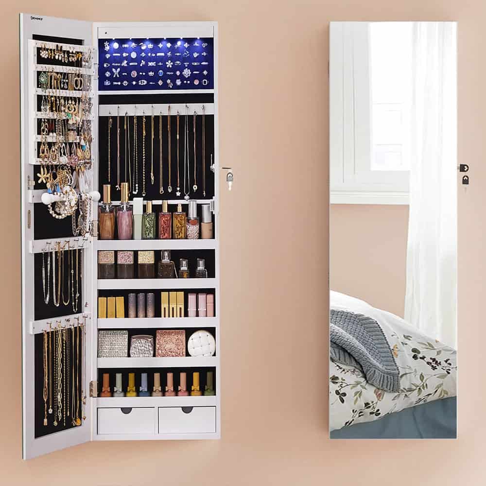 01-40 Dulap de bijuterii cu oglinda, montare pe perete, lumini LED, 37x10x120cm, alb Mob360 - imagine 1