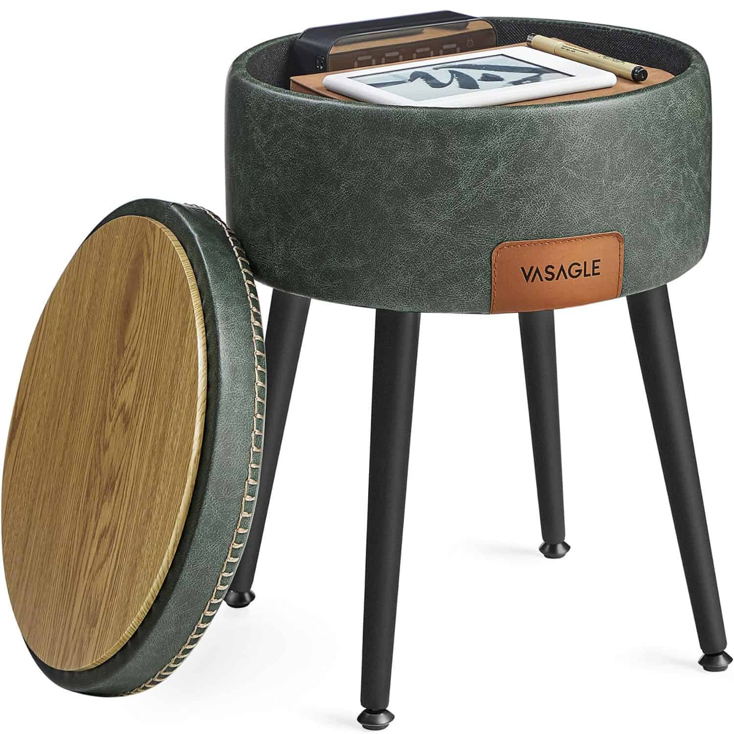 1-36 VASAGLE Taburet cu spatiu de depozitare, tapitat PU, cu 2 fete, diametru 32 cm, verde Mob360 - imagine 1