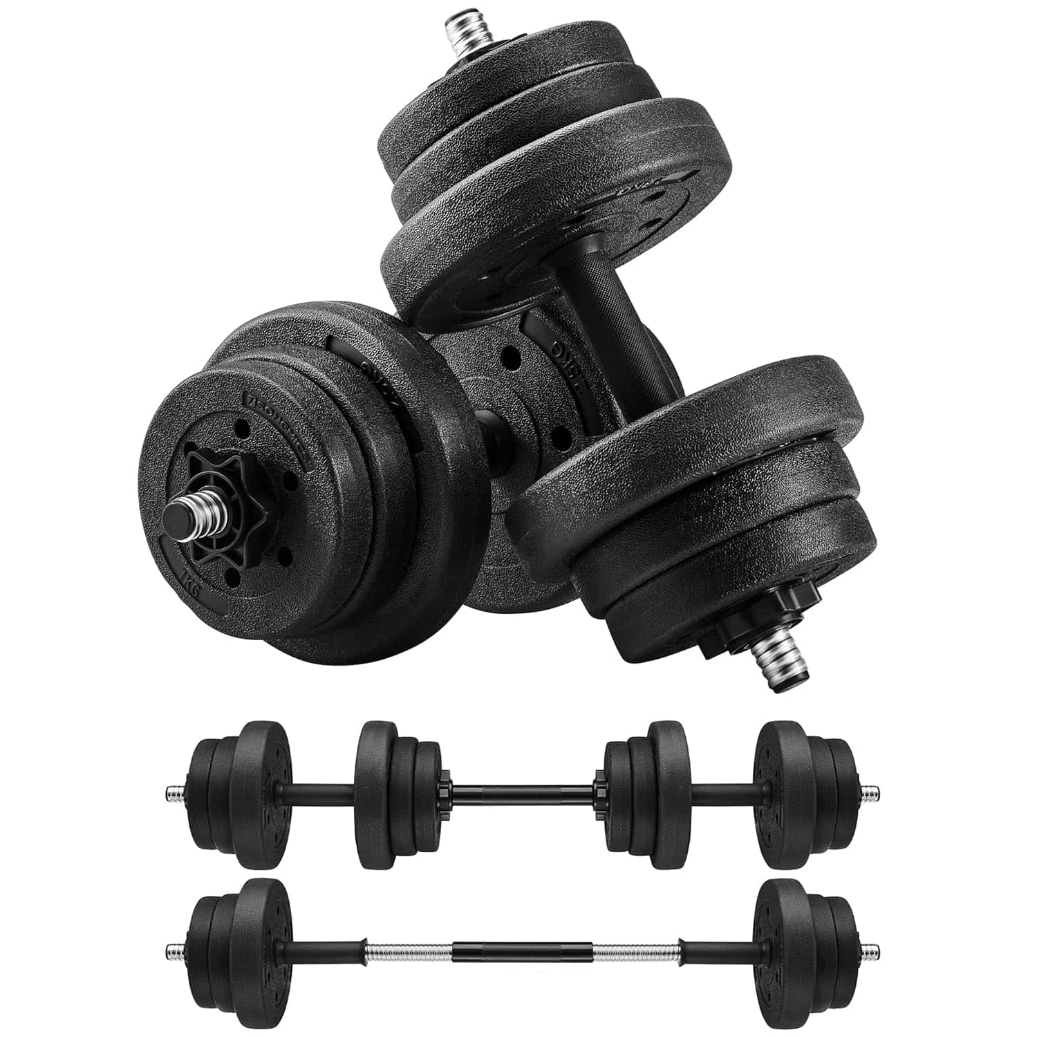 1-gantera set gantere reglabile 2 in 1, 20 kg, cu bara extensie pentru haltera, discuri cu umplutura beton, negru Mob360 - imagine 1