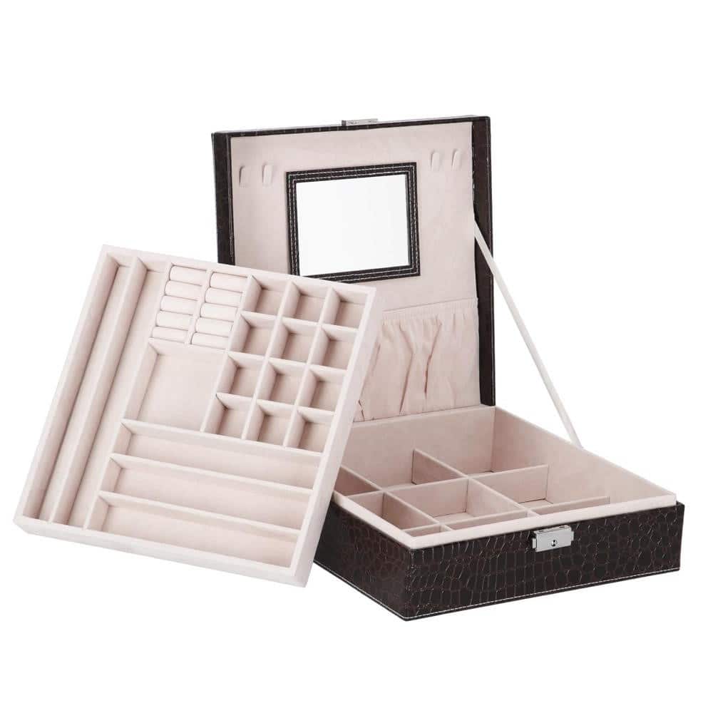 35-1 (DL) Cutie depozitare si organizare bijuterii, MDF, piele ecologica, 26 x 26 x 8,5cm, negru sarpe Mob360 - imagine 1