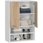 Dulap baie suspendat, cu 2 usi si 2 rafturi deschise, PAL 16 mm, 64x30x94 cm, alb si stejar sonoma Mob360 - imagine 3