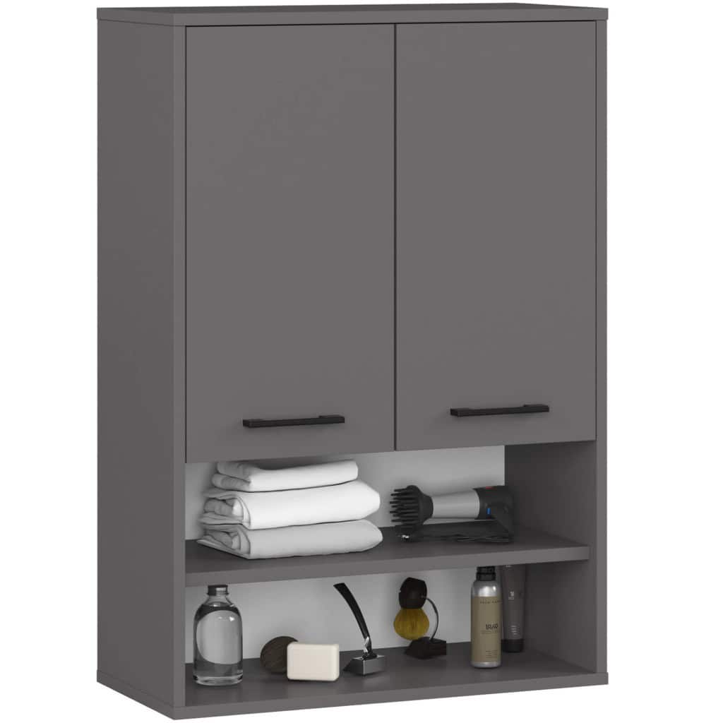 AK-12214091-5 Dulap baie suspendat, cu 2 usi si 2 rafturi deschise, PAL 16 mm, 64x30x94 cm, gri Mob360 - imagine 1