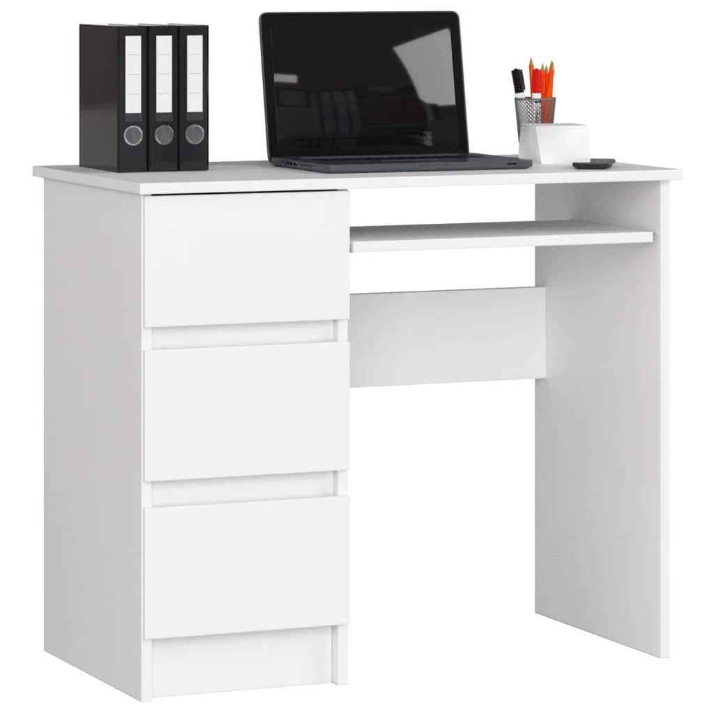 AK-12219850-1 Birou computer cu 3 sertare si raft pentru tastatura, stanga, 90x50x77 cm, alb Mob360 - imagine 1