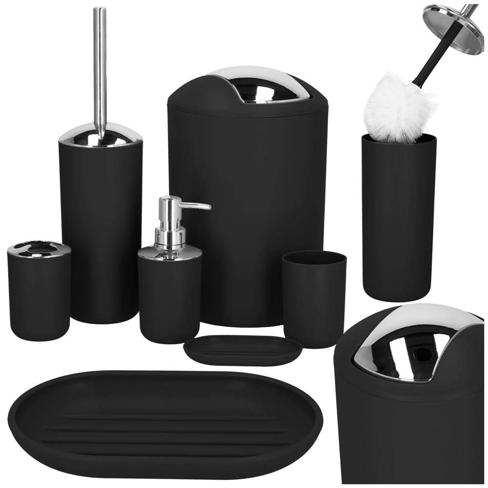 HA1111-1 Set accesorii baie, 6 piese din plastic, cu perie WC si cos de gunoi, finisaj mat si lucios, negru argintiu Mob360 - imagine 1