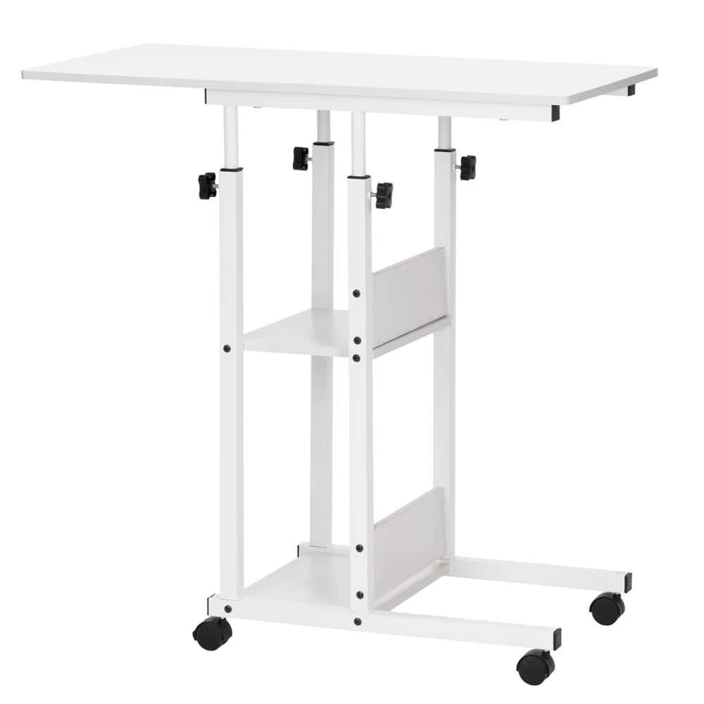 HF-0059-6 Birou reglabil pe inaltime cu rafturi si roti, blat din lemn si structura metalica, 80x40x76-86 cm, alb Mob360 - imagine 1