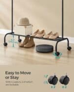 Suport haine metalic cu roti si raft inferior, stil industrial, 103x41x155 cm, negru Mob360 - imagine 5