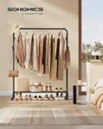 Suport haine metalic cu roti si raft inferior, stil industrial, 103x41x155 cm, negru Mob360 - imagine 7