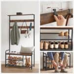 VASAGLE Cuier hol cu banca si raft pantofi, 9 carlige, cadru metalic, stil industrial, 85x30x181 cm, maro rustic Mob360 - imagine 3