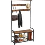 VASAGLE Cuier hol cu banca si raft pantofi, 9 carlige, cadru metalic, stil industrial, 85x30x181 cm, maro rustic Mob360 - imagine 9