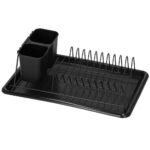 Uscator de vase metalic cu tava detasabila si suport tacamuri, 38x24x13 cm, negru Mob360