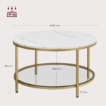 VASAGLE Masa de cafea rotunda cu blat din imitatie de marmura, polita suplimentara din sticla, 80x45cm, alb si auriu Mob360 - imagine 2