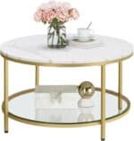 VASAGLE Masa de cafea rotunda cu blat din imitatie de marmura, polita suplimentara din sticla, 80x45cm, alb si auriu Mob360 - imagine 4