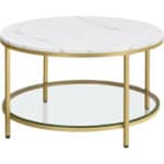 VASAGLE Masa de cafea rotunda cu blat din imitatie de marmura, polita suplimentara din sticla, 80x45cm, alb si auriu Mob360